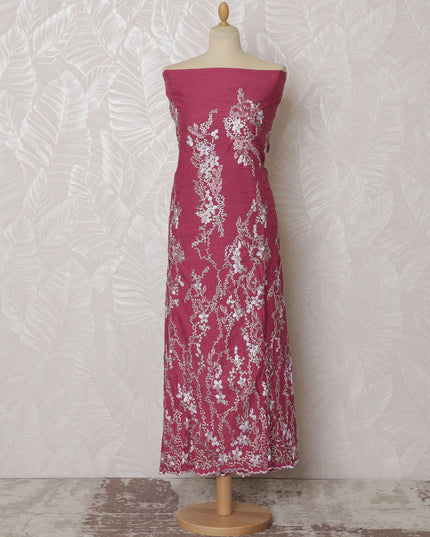 Burgundy Pink Blended Cotton Fabric with Intricate White Embroidery - Last Piece of 3.0 Meters, 110 cm Width-D19788