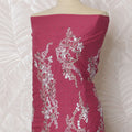 قماش قطن مخلوط باللون الوردي العنابي مع تطريز أبيض معقد - آخر قطعة مقاس 3.0 متر، عرض 110 سم -D19788