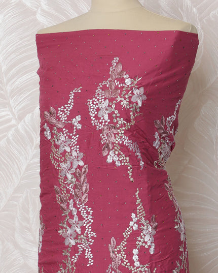 Burgundy Pink Blended Cotton Fabric with Intricate White Embroidery - Last Piece of 3.0 Meters, 110 cm Width-D19788