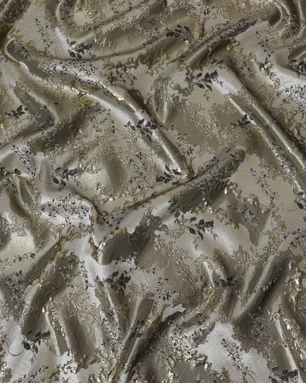 Luxurious Silver and Gold Synthetic Brocade Fabric with Intricate Floral Design - 140 cm Width-D19789