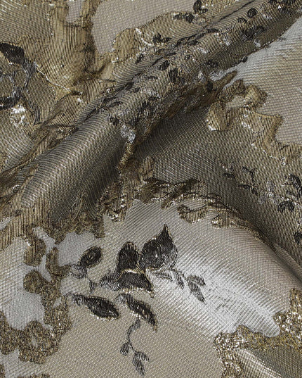 Luxurious Silver and Gold Synthetic Brocade Fabric with Intricate Floral Design - 140 cm Width-D19789