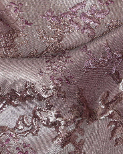 Elegant Pink and Silver Synthetic Brocade Fabric with Floral Design - 140 cm Width-D19790