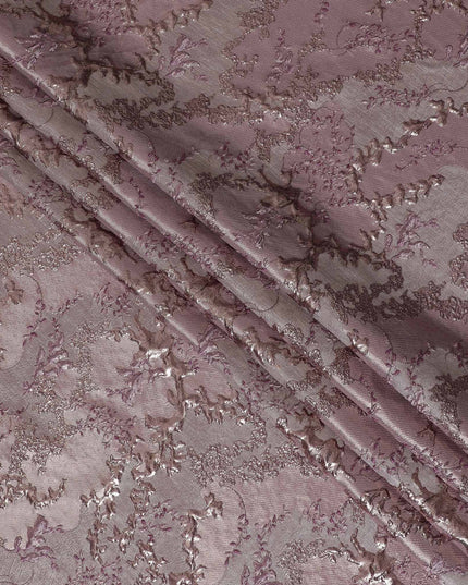 Elegant Pink and Silver Synthetic Brocade Fabric with Floral Design - 140 cm Width-D19790