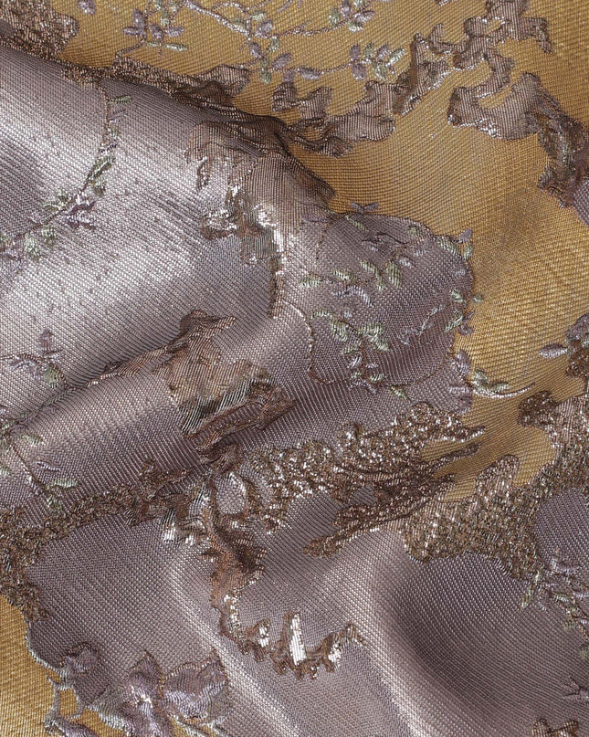 Regal Gold and Lavender Synthetic Brocade Fabric with Floral Design - 140 cm Width-D19792