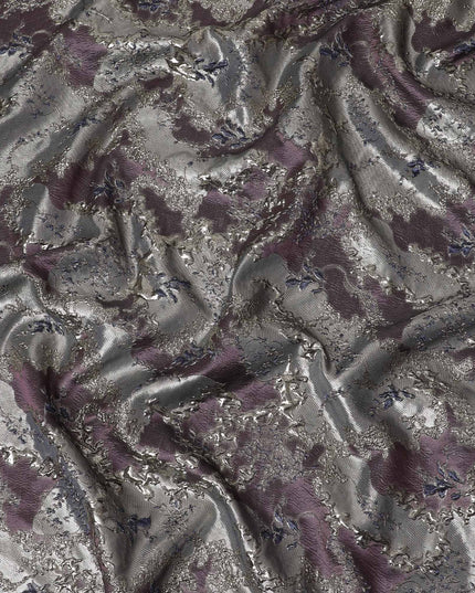 Elegant Plum and Silver Synthetic Brocade Fabric with Floral Design - 140 cm Width-D19793