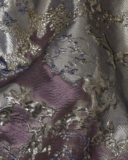 Elegant Plum and Silver Synthetic Brocade Fabric with Floral Design - 140 cm Width-D19793