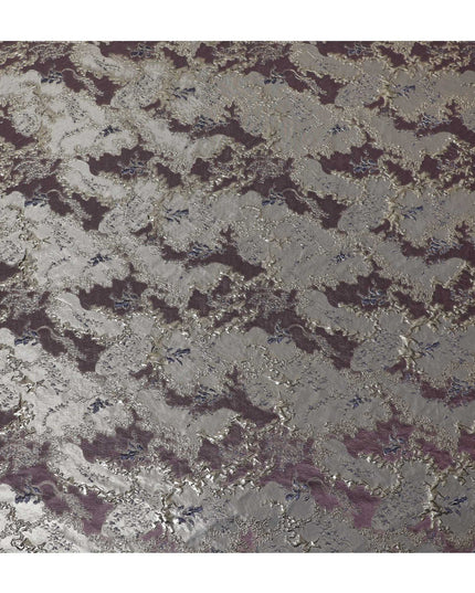 Elegant Plum and Silver Synthetic Brocade Fabric with Floral Design - 140 cm Width-D19793