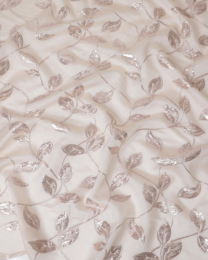 Ivory and Rose Gold Synthetic Brocade Fabric with Leaf Pattern - 140 cm Width-D19794