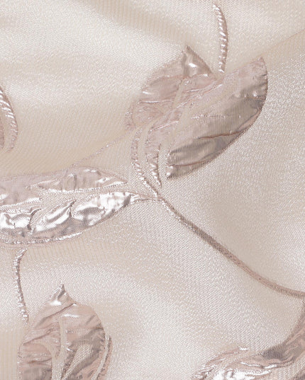 Ivory and Rose Gold Synthetic Brocade Fabric with Leaf Pattern - 140 cm Width-D19794