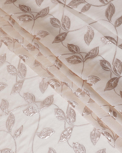 Ivory and Rose Gold Synthetic Brocade Fabric with Leaf Pattern - 140 cm Width-D19794