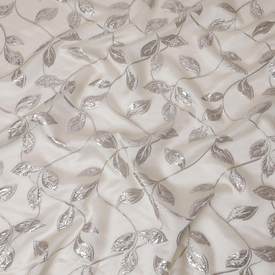 Ivory and Silver Synthetic Brocade Fabric with Leaf Design - 140 cm Width-D19795