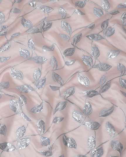 Blush Pink and Silver Synthetic Brocade Fabric with Leaf Pattern - 140 cm Width-D19796