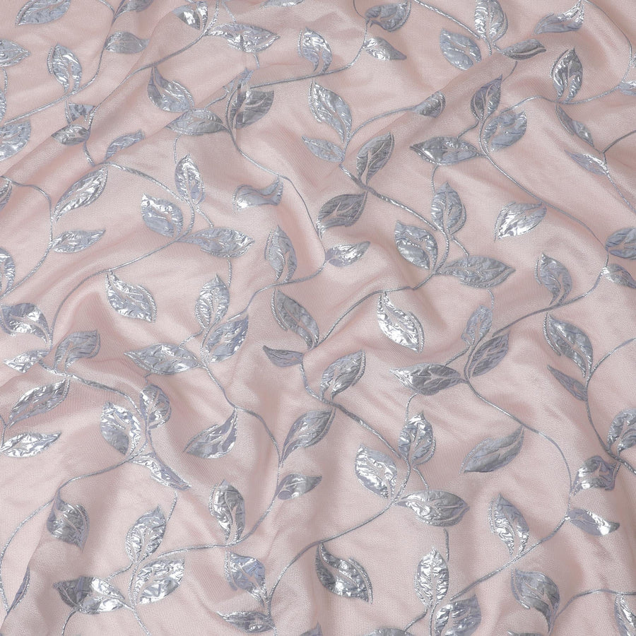 Blush Pink and Silver Synthetic Brocade Fabric with Leaf Pattern - 140 cm Width-D19796