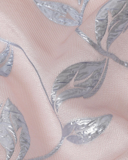 Blush Pink and Silver Synthetic Brocade Fabric with Leaf Pattern - 140 cm Width-D19796