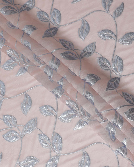 Blush Pink and Silver Synthetic Brocade Fabric with Leaf Pattern - 140 cm Width-D19796