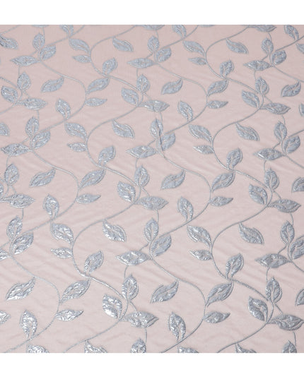 Blush Pink and Silver Synthetic Brocade Fabric with Leaf Pattern - 140 cm Width-D19796