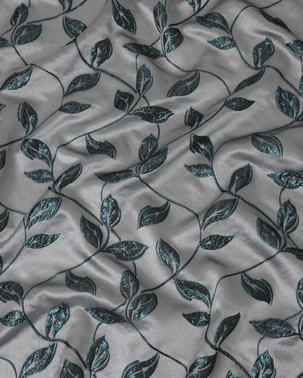 Grey and Teal Synthetic Brocade Fabric with Leaf Pattern - 140 cm Width-D19798