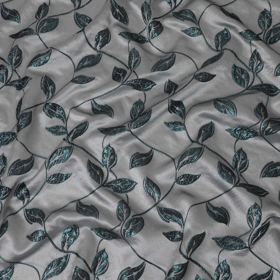 Grey and Teal Synthetic Brocade Fabric with Leaf Pattern - 140 cm Width-D19798