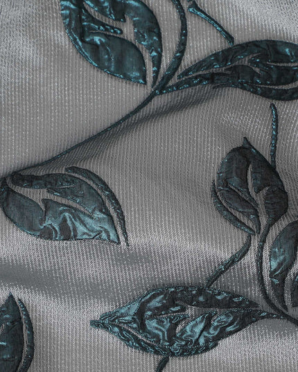 Grey and Teal Synthetic Brocade Fabric with Leaf Pattern - 140 cm Width-D19798