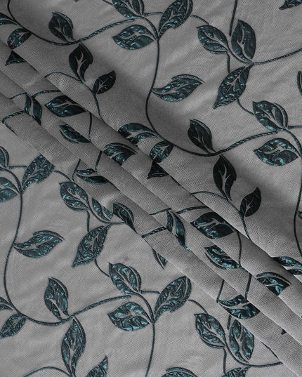 Grey and Teal Synthetic Brocade Fabric with Leaf Pattern - 140 cm Width-D19798