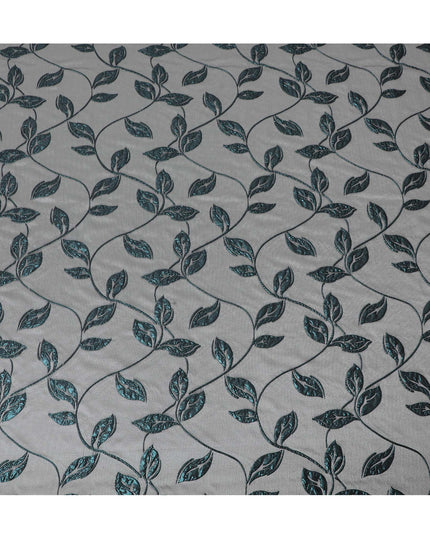 Grey and Teal Synthetic Brocade Fabric with Leaf Pattern - 140 cm Width-D19798