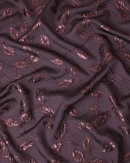 Plum and Burgundy Synthetic Brocade Fabric with Leaf Design - 140 cm Width-D19799