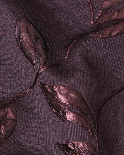 Plum and Burgundy Synthetic Brocade Fabric with Leaf Design - 140 cm Width-D19799