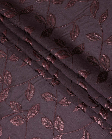 Plum and Burgundy Synthetic Brocade Fabric with Leaf Design - 140 cm Width-D19799