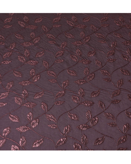 Plum and Burgundy Synthetic Brocade Fabric with Leaf Design - 140 cm Width-D19799