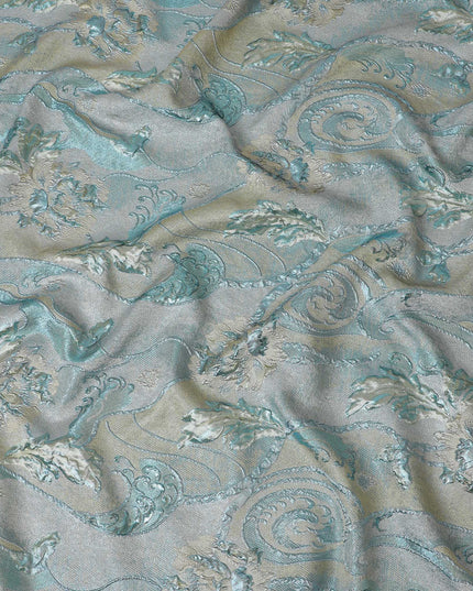 Aqua Blue and Silver Synthetic Brocade Fabric with Floral Swirl Design - 140 cm Width-D19800