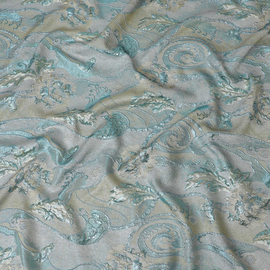 قماش بروكار صناعي باللونين الأزرق المائي والفضي مع تصميم دوامة زهور - عرض 140 سم-D19800