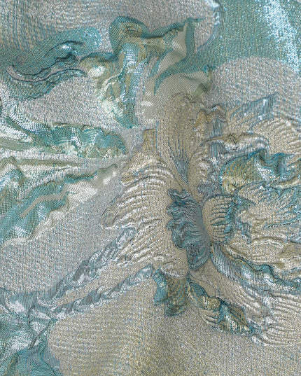 Aqua Blue and Silver Synthetic Brocade Fabric with Floral Swirl Design - 140 cm Width-D19800