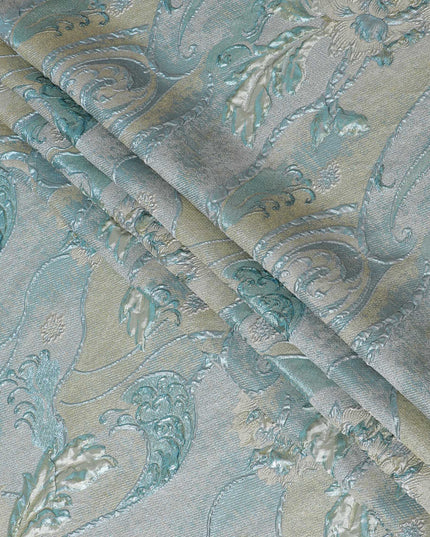 Aqua Blue and Silver Synthetic Brocade Fabric with Floral Swirl Design - 140 cm Width-D19800