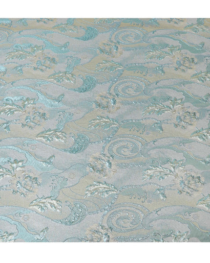 Aqua Blue and Silver Synthetic Brocade Fabric with Floral Swirl Design - 140 cm Width-D19800