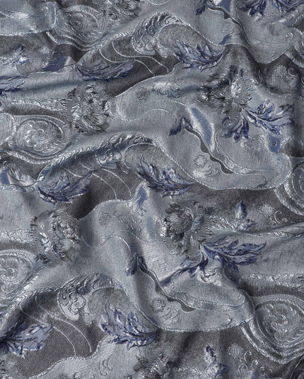 Slate Grey and Blue Synthetic Brocade Fabric with Floral Swirl Design - 140 cm Width-D19801