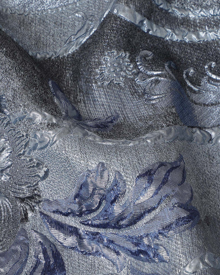 Slate Grey and Blue Synthetic Brocade Fabric with Floral Swirl Design - 140 cm Width-D19801