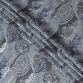 Slate Grey and Blue Synthetic Brocade Fabric with Floral Swirl Design - 140 cm Width-D19801