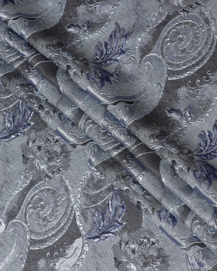 Slate Grey and Blue Synthetic Brocade Fabric with Floral Swirl Design - 140 cm Width-D19801