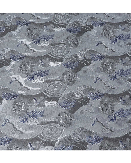 Slate Grey and Blue Synthetic Brocade Fabric with Floral Swirl Design - 140 cm Width-D19801