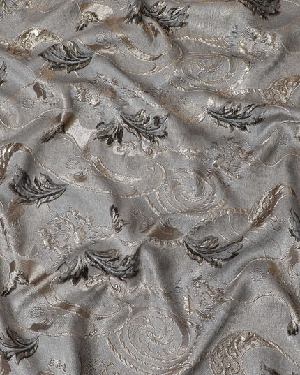 Metallic Silver and Charcoal Synthetic Brocade Fabric with Floral Swirl Design - 140 cm Width-D19802