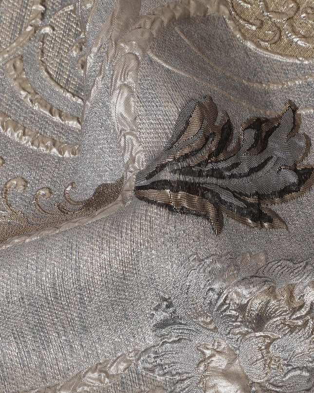 Metallic Silver and Charcoal Synthetic Brocade Fabric with Floral Swirl Design - 140 cm Width-D19802