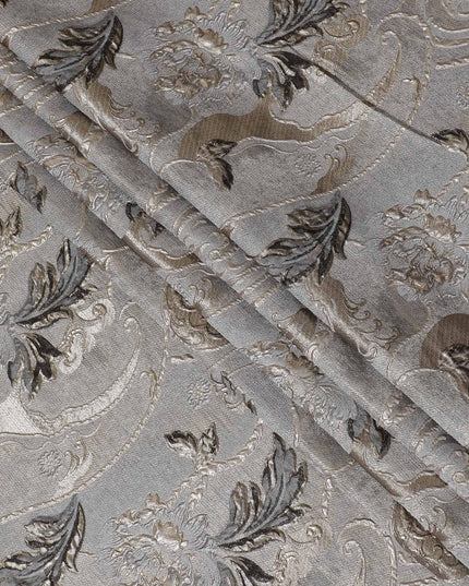 Metallic Silver and Charcoal Synthetic Brocade Fabric with Floral Swirl Design - 140 cm Width-D19802