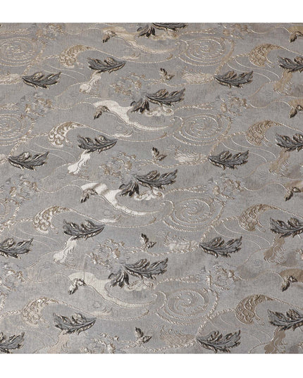 Metallic Silver and Charcoal Synthetic Brocade Fabric with Floral Swirl Design - 140 cm Width-D19802