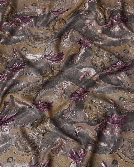 Antique Gold and Burgundy Synthetic Brocade Fabric with Floral Swirl Design - 140 cm Width-D19803