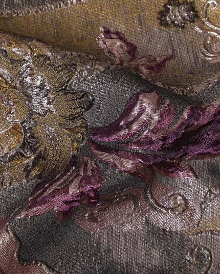 Antique Gold and Burgundy Synthetic Brocade Fabric with Floral Swirl Design - 140 cm Width-D19803