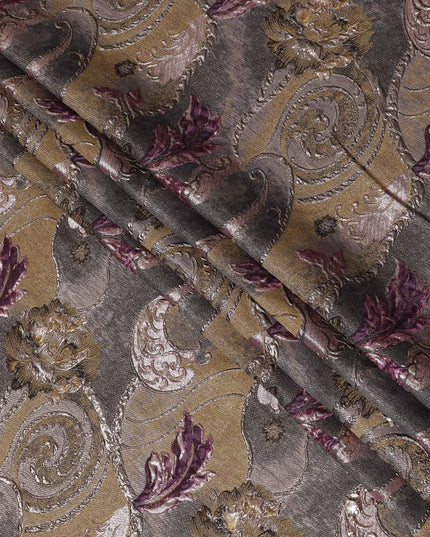 Antique Gold and Burgundy Synthetic Brocade Fabric with Floral Swirl Design - 140 cm Width-D19803