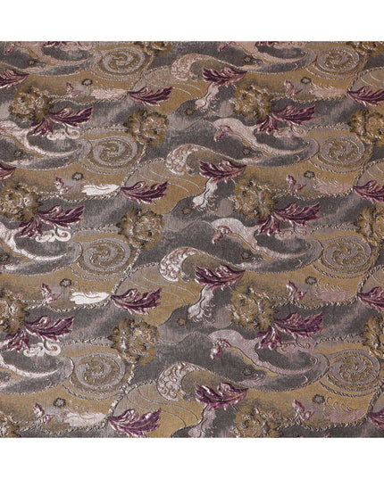 Antique Gold and Burgundy Synthetic Brocade Fabric with Floral Swirl Design - 140 cm Width-D19803