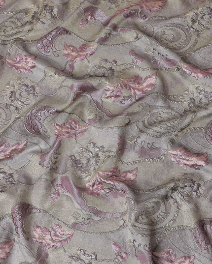 Pastel Gold and Rose Synthetic Brocade Fabric with Floral Swirl Design - 140 cm Width-D19804