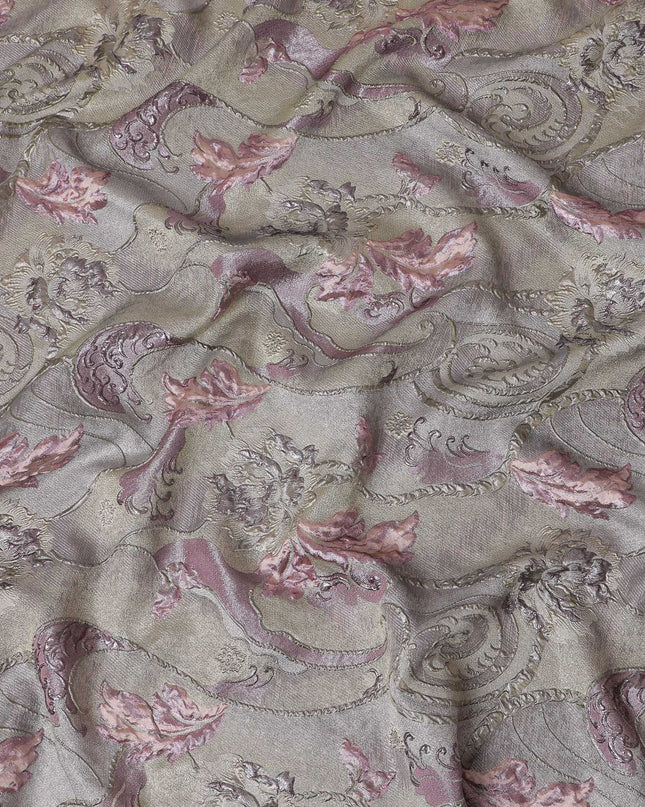 Pastel Gold and Rose Synthetic Brocade Fabric with Floral Swirl Design - 140 cm Width-D19804