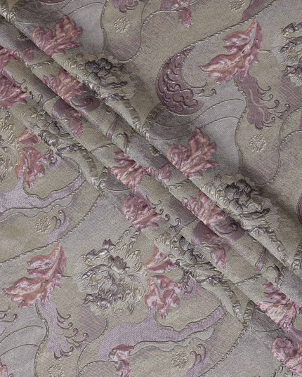 Pastel Gold and Rose Synthetic Brocade Fabric with Floral Swirl Design - 140 cm Width-D19804